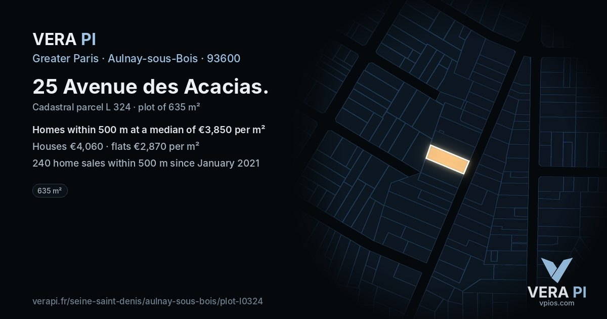 25 Avenue des Acacias, Aulnay-sous-Bois at night – the plot lit, the parcels around coloured by the prices near them
