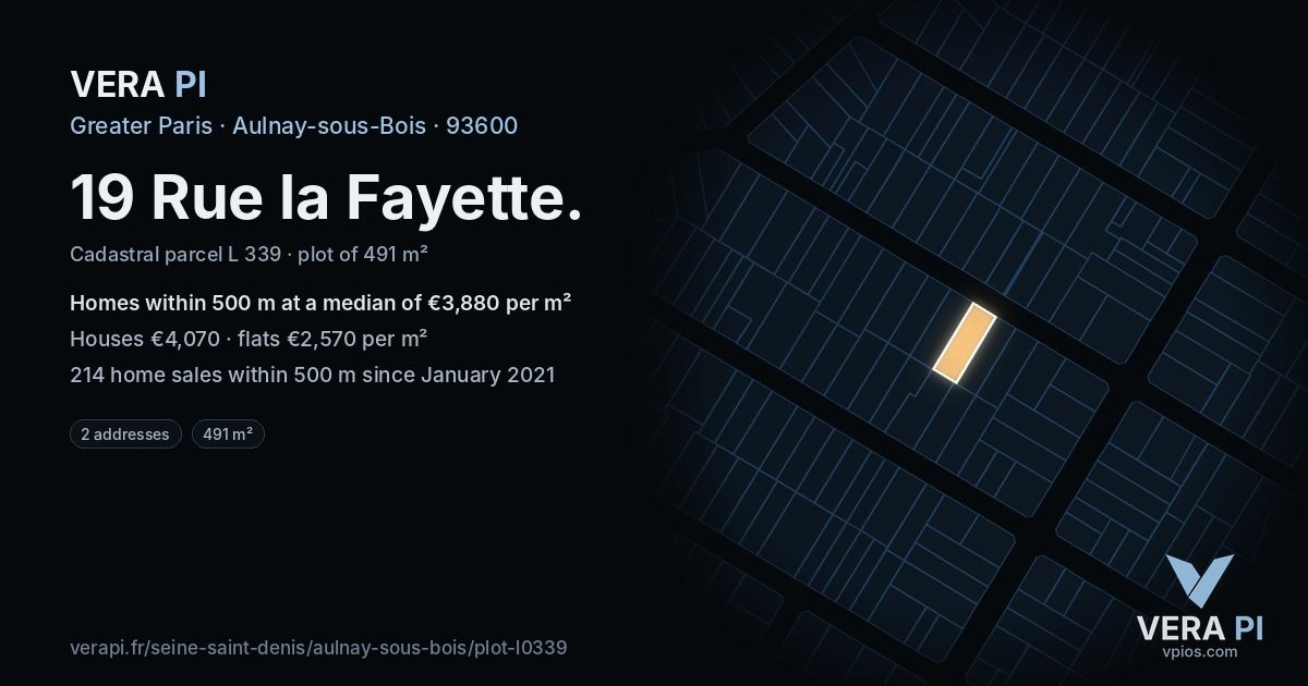 19 Rue la Fayette, Aulnay-sous-Bois at night – the plot lit, the parcels around coloured by the prices near them