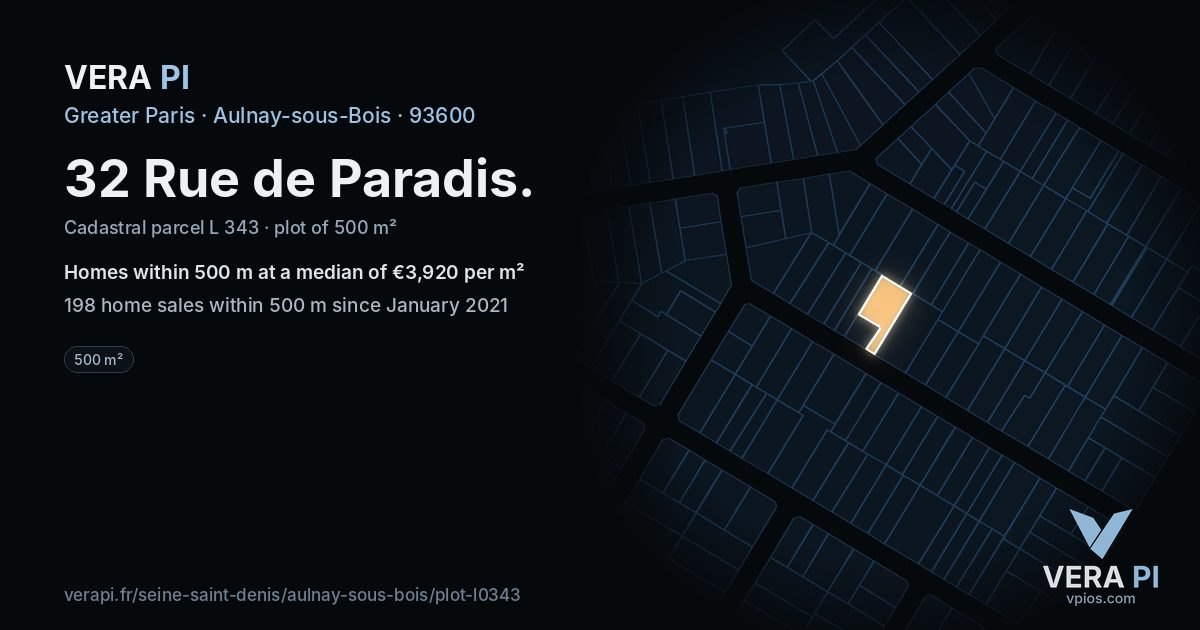 32 Rue de Paradis, Aulnay-sous-Bois at night – the plot lit, the parcels around coloured by the prices near them