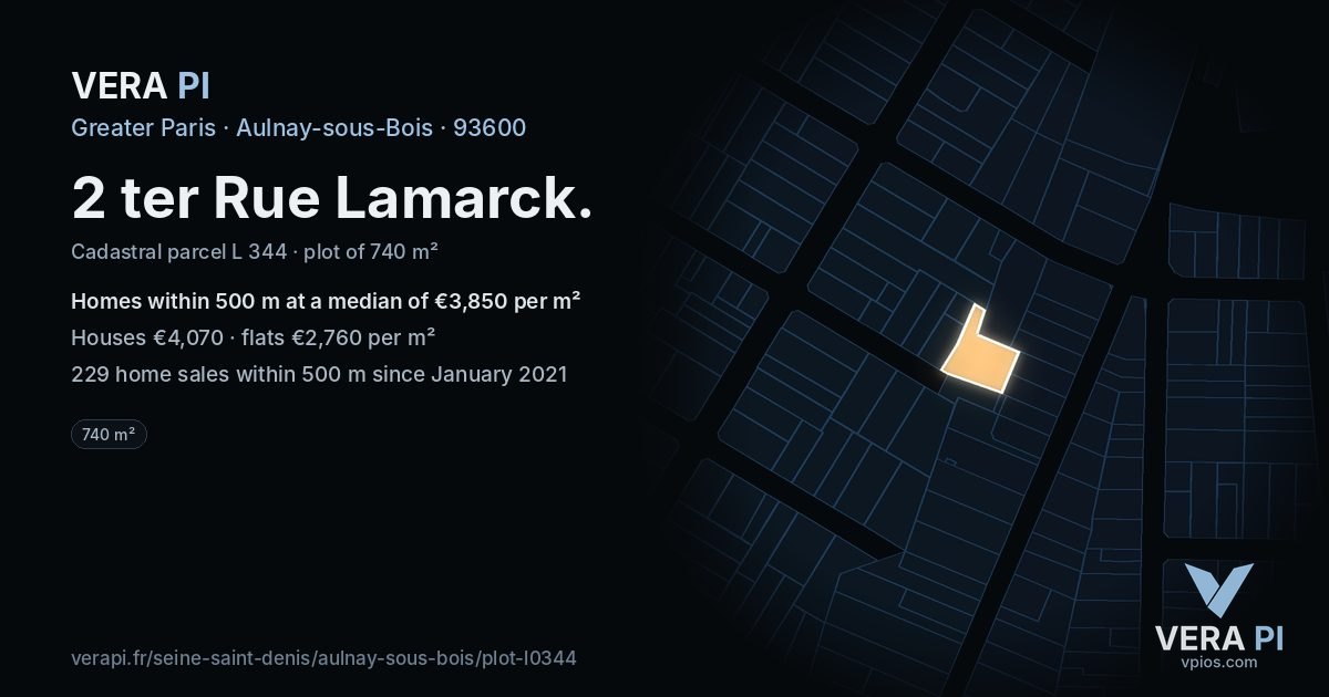 2 ter Rue Lamarck, Aulnay-sous-Bois at night – the plot lit, the parcels around coloured by the prices near them