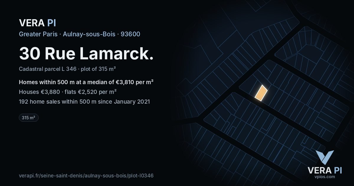 30 Rue Lamarck, Aulnay-sous-Bois at night – the plot lit, the parcels around coloured by the prices near them
