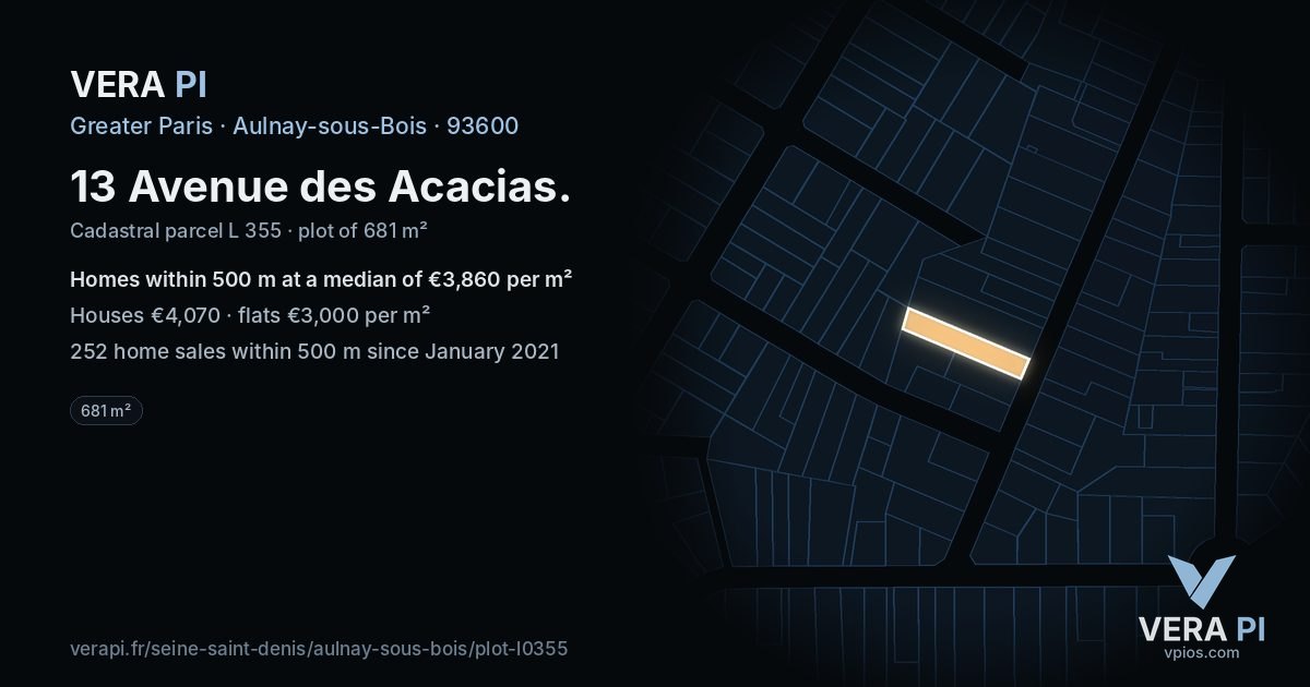 13 Avenue des Acacias, Aulnay-sous-Bois at night – the plot lit, the parcels around coloured by the prices near them