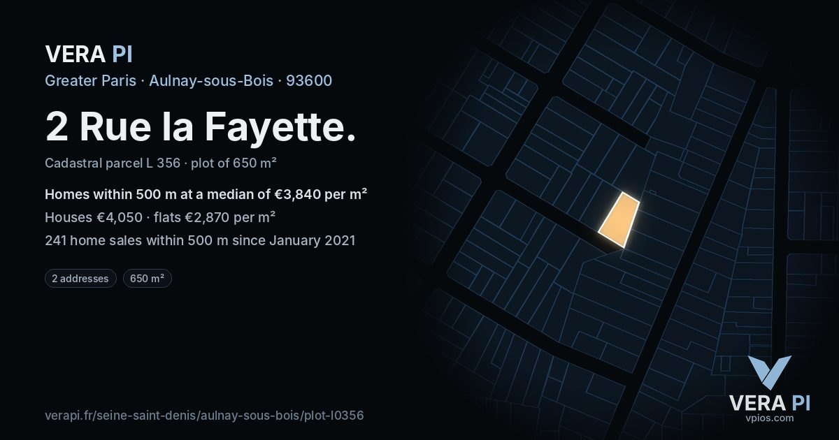 2 Rue la Fayette, Aulnay-sous-Bois at night – the plot lit, the parcels around coloured by the prices near them