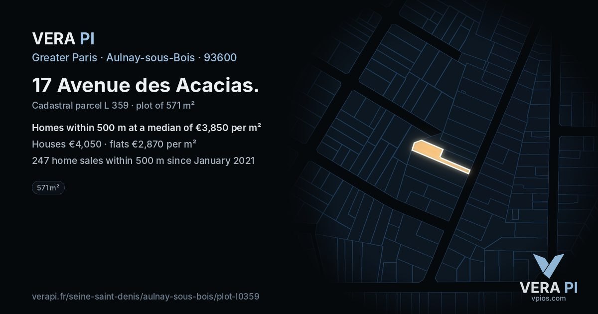 17 Avenue des Acacias, Aulnay-sous-Bois at night – the plot lit, the parcels around coloured by the prices near them