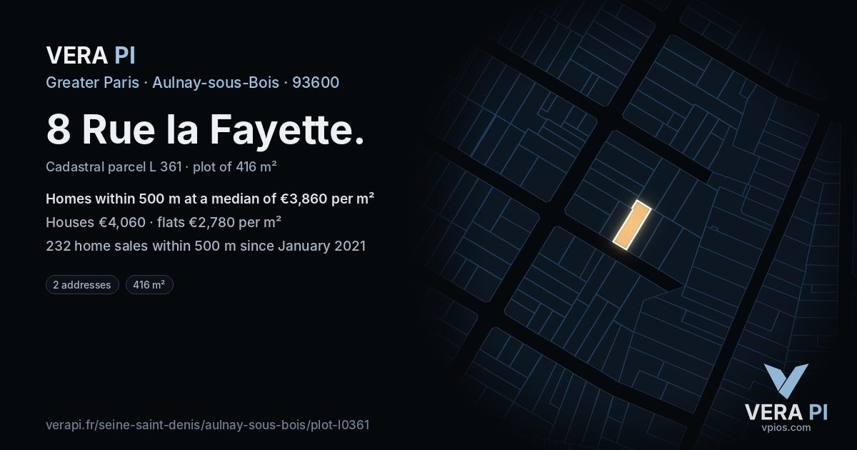 8 Rue la Fayette, Aulnay-sous-Bois at night – the plot lit, the parcels around coloured by the prices near them