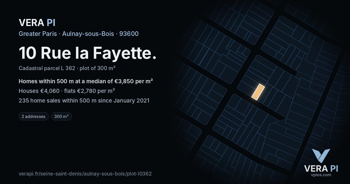 10 Rue la Fayette, Aulnay-sous-Bois at night – the plot lit, the parcels around coloured by the prices near them