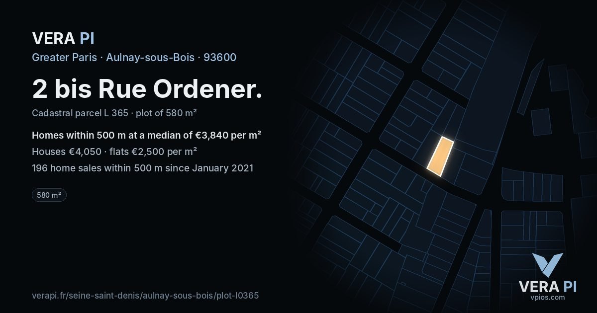 2 bis Rue Ordener, Aulnay-sous-Bois at night – the plot lit, the parcels around coloured by the prices near them