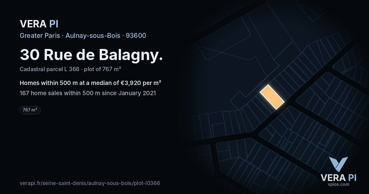 30 Rue de Balagny, Aulnay-sous-Bois at night – the plot lit, the parcels around coloured by the prices near them