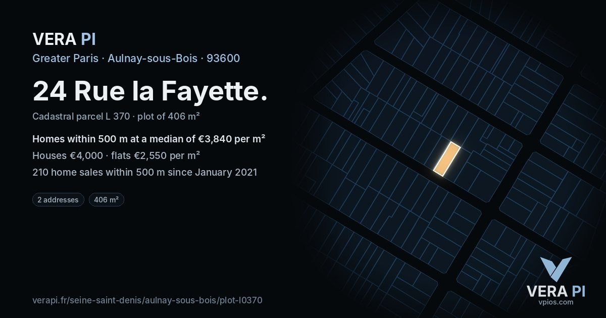 24 Rue la Fayette, Aulnay-sous-Bois at night – the plot lit, the parcels around coloured by the prices near them