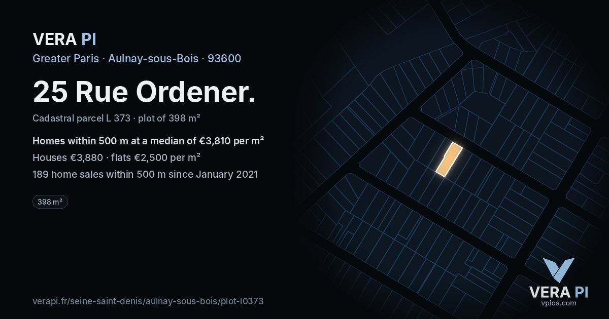 25 Rue Ordener, Aulnay-sous-Bois at night – the plot lit, the parcels around coloured by the prices near them