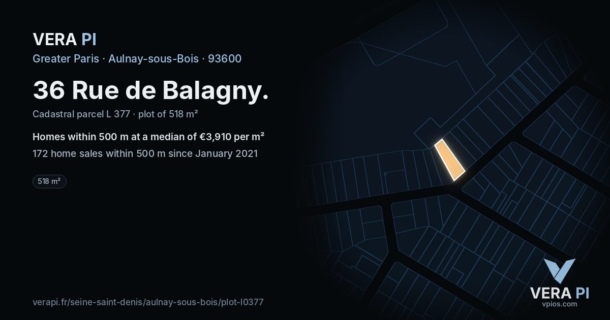 36 Rue de Balagny, Aulnay-sous-Bois at night – the plot lit, the parcels around coloured by the prices near them