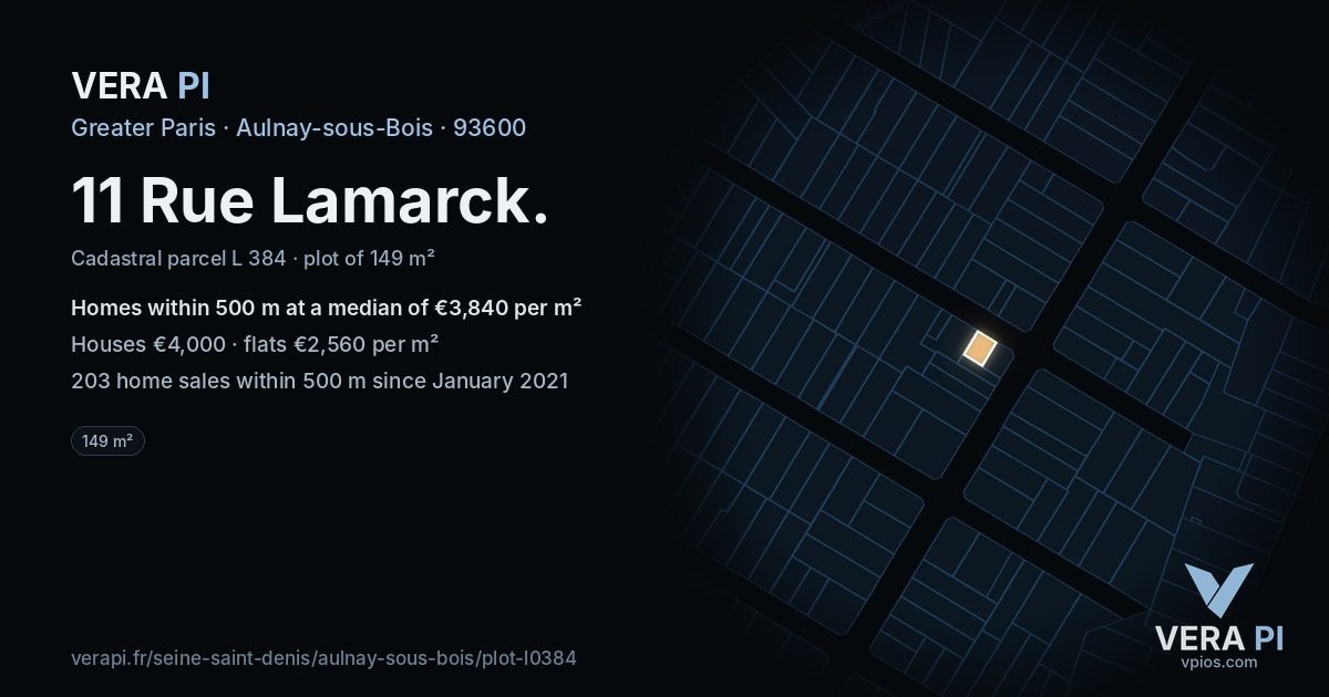 11 Rue Lamarck, Aulnay-sous-Bois at night – the plot lit, the parcels around coloured by the prices near them