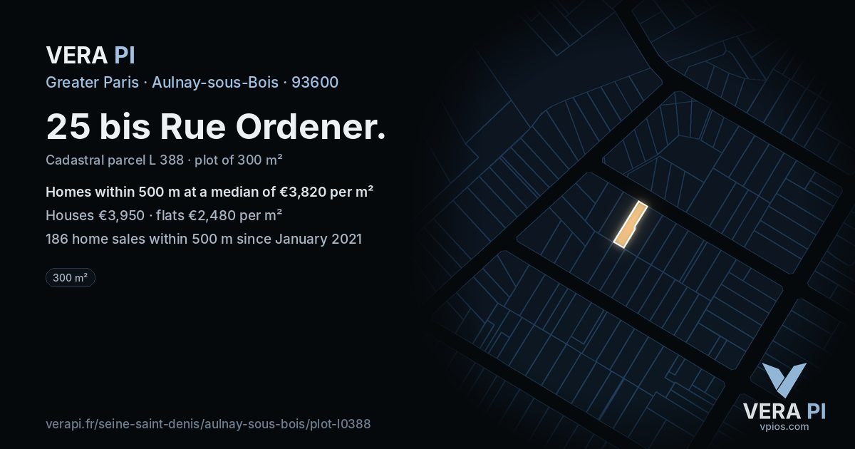 25 bis Rue Ordener, Aulnay-sous-Bois at night – the plot lit, the parcels around coloured by the prices near them