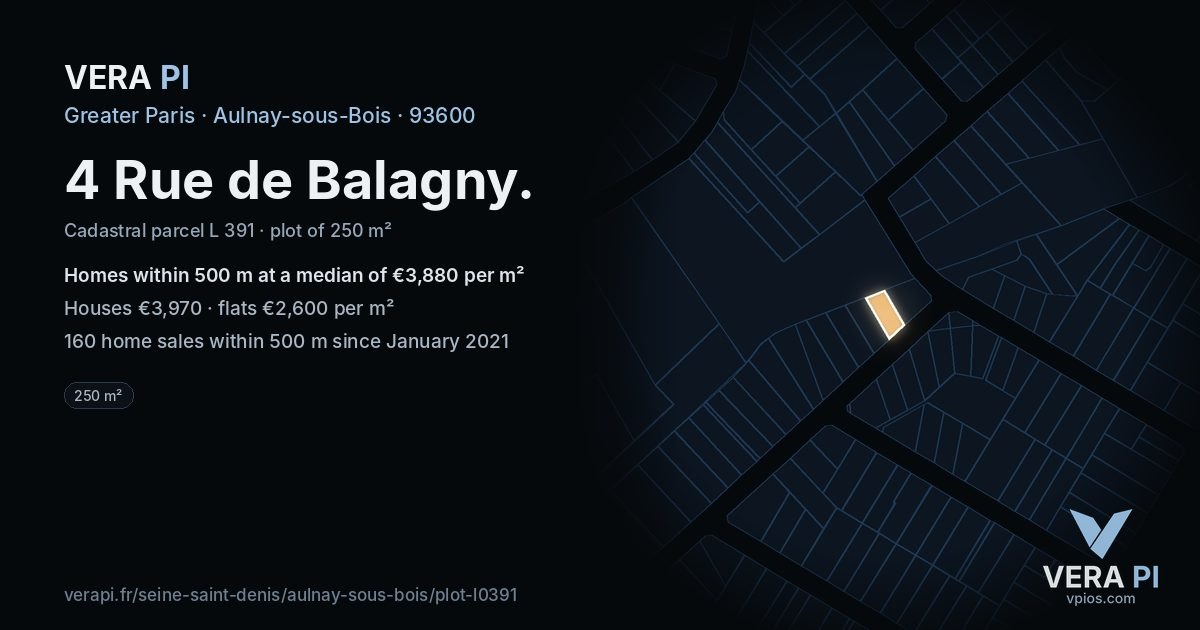 4 Rue de Balagny, Aulnay-sous-Bois at night – the plot lit, the parcels around coloured by the prices near them