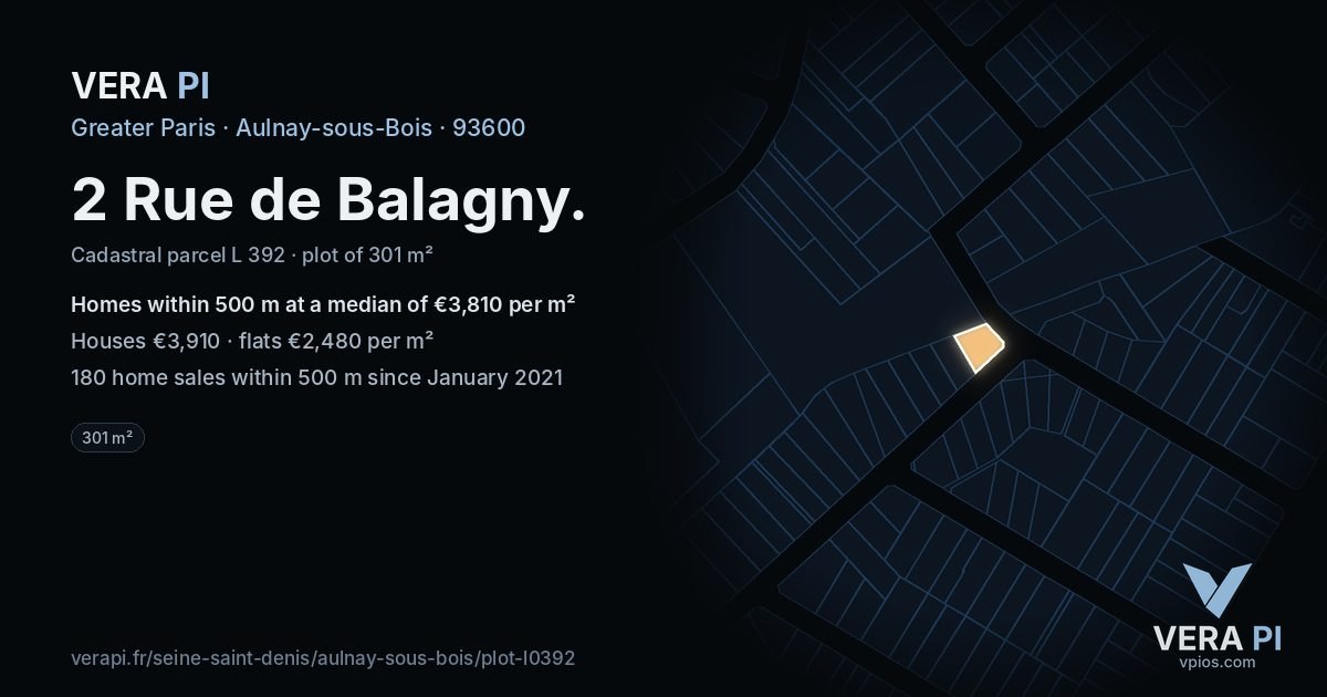 2 Rue de Balagny, Aulnay-sous-Bois at night – the plot lit, the parcels around coloured by the prices near them