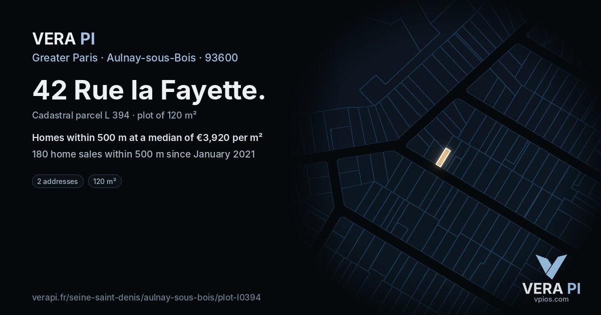 42 Rue la Fayette, Aulnay-sous-Bois at night – the plot lit, the parcels around coloured by the prices near them