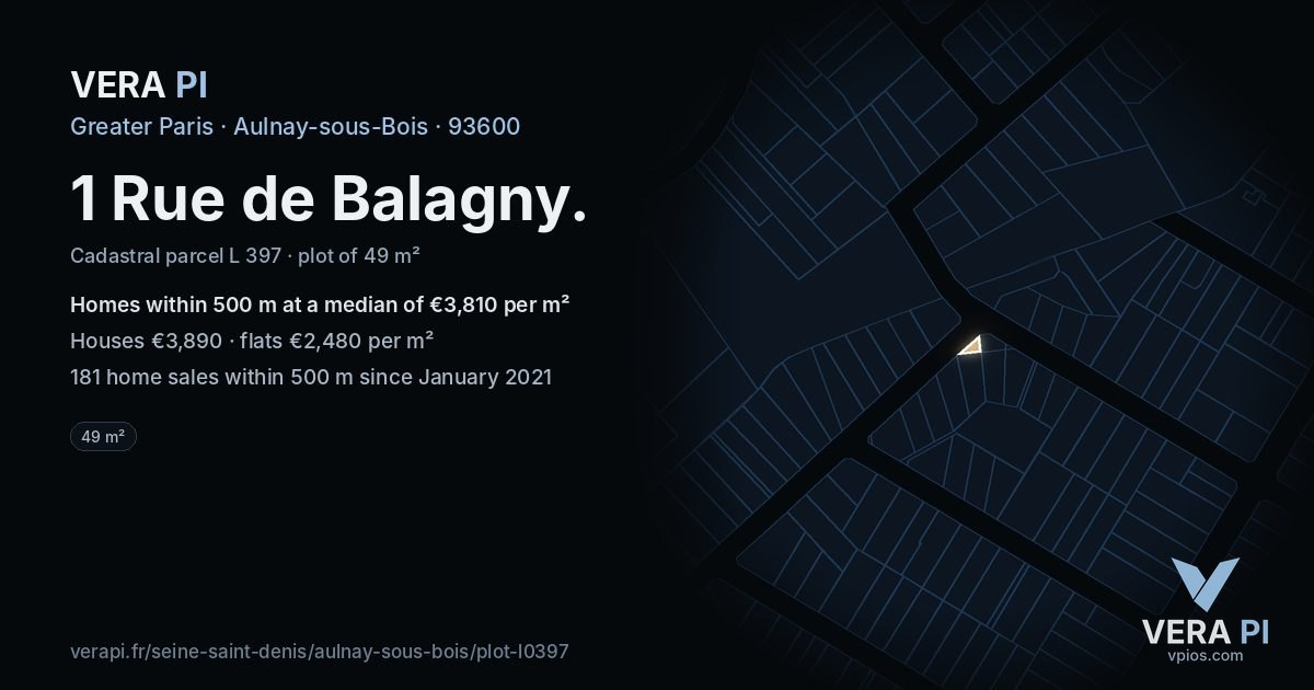 1 Rue de Balagny, Aulnay-sous-Bois at night – the plot lit, the parcels around coloured by the prices near them