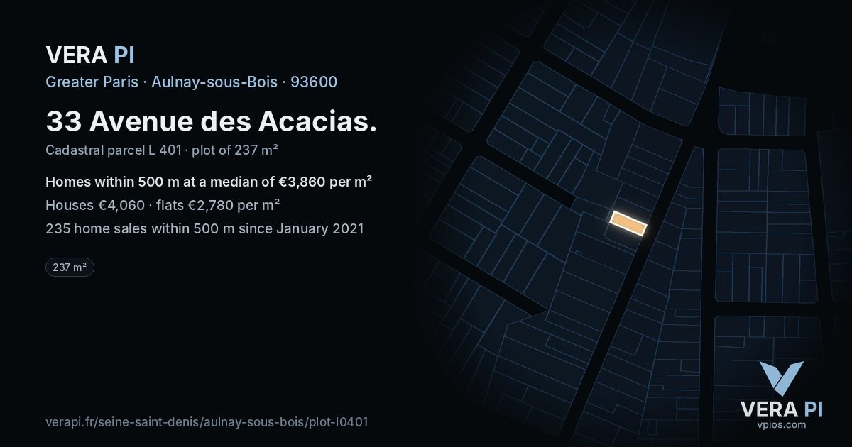 33 Avenue des Acacias, Aulnay-sous-Bois at night – the plot lit, the parcels around coloured by the prices near them