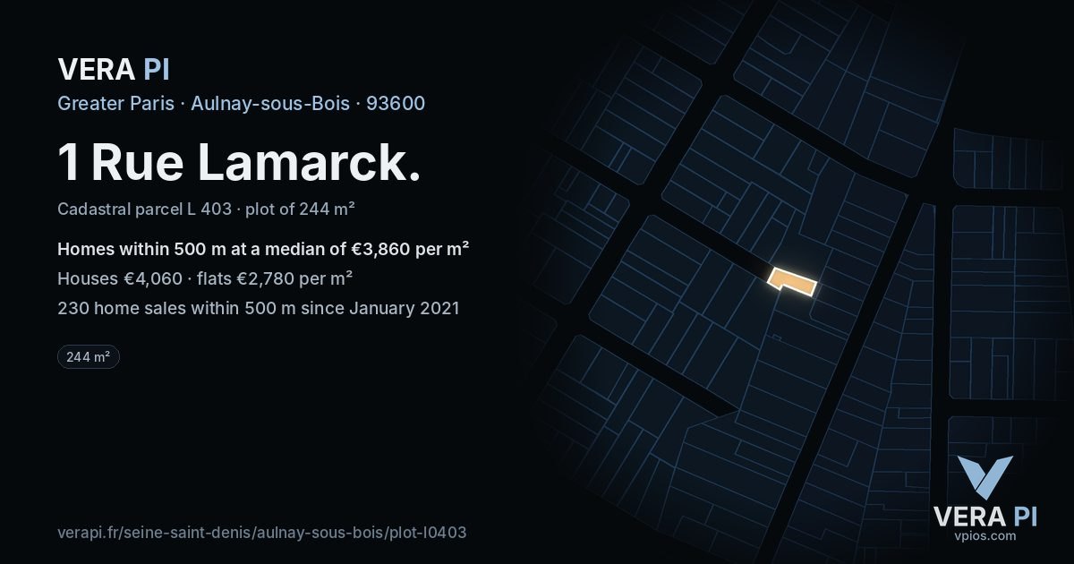 1 Rue Lamarck, Aulnay-sous-Bois at night – the plot lit, the parcels around coloured by the prices near them