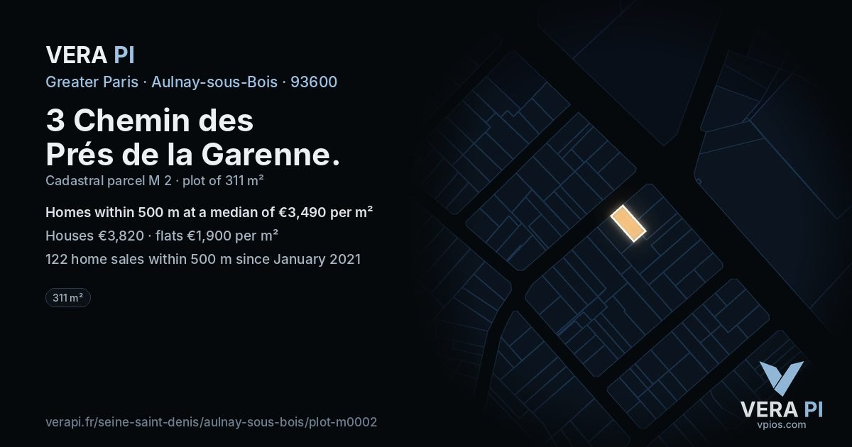 3 Chemin des Prés de la Garenne, Aulnay-sous-Bois at night – the plot lit, the parcels around coloured by the prices near them