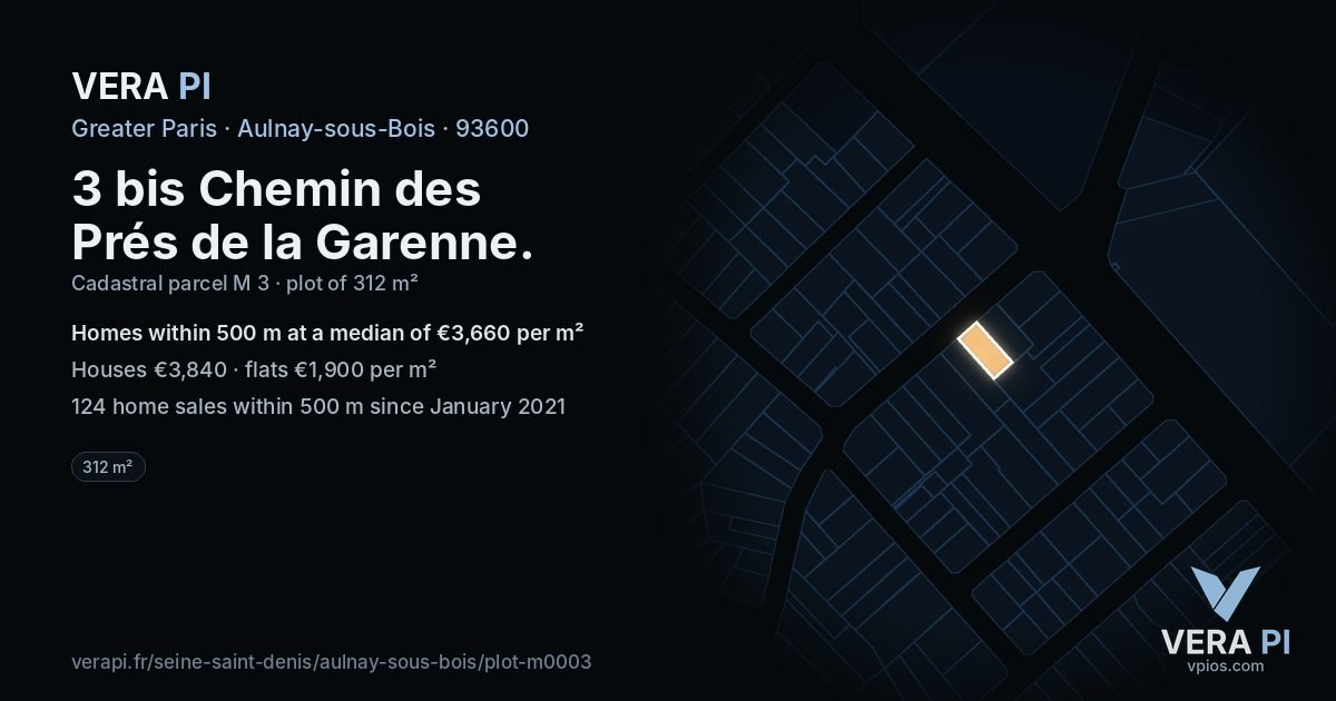 3 bis Chemin des Prés de la Garenne, Aulnay-sous-Bois at night – the plot lit, the parcels around coloured by the prices near them