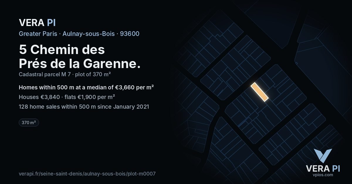 5 Chemin des Prés de la Garenne, Aulnay-sous-Bois at night – the plot lit, the parcels around coloured by the prices near them