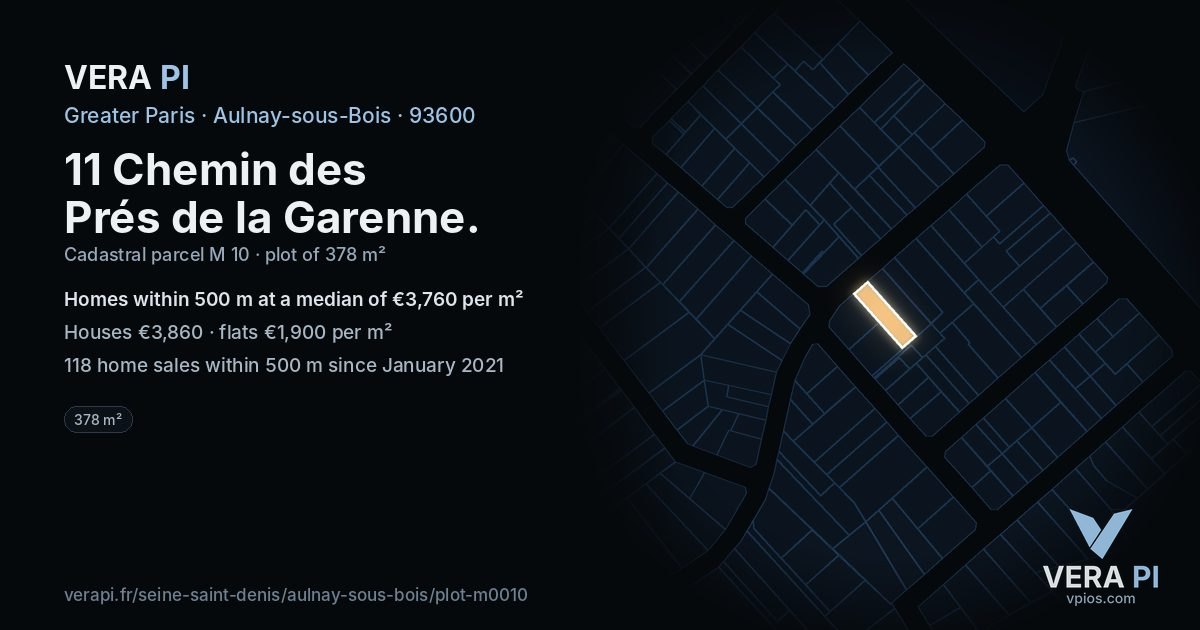 11 Chemin des Prés de la Garenne, Aulnay-sous-Bois at night – the plot lit, the parcels around coloured by the prices near them