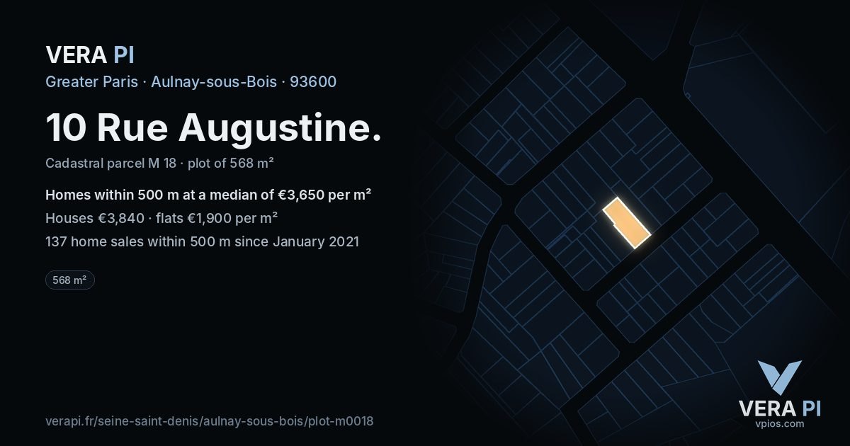 10 Rue Augustine, Aulnay-sous-Bois at night – the plot lit, the parcels around coloured by the prices near them