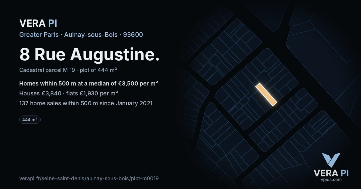 8 Rue Augustine, Aulnay-sous-Bois at night – the plot lit, the parcels around coloured by the prices near them