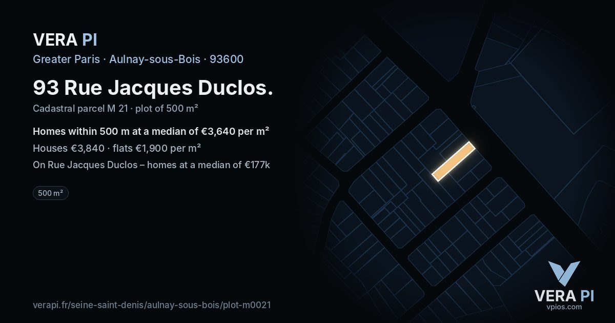 93 Rue Jacques Duclos, Aulnay-sous-Bois at night – the plot lit, the parcels around coloured by the prices near them