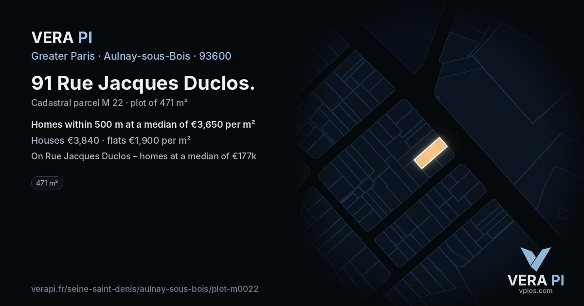 91 Rue Jacques Duclos, Aulnay-sous-Bois at night – the plot lit, the parcels around coloured by the prices near them