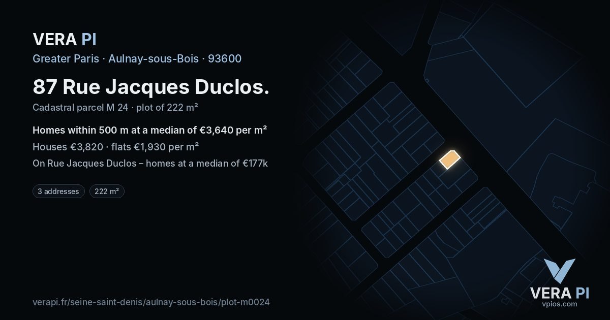 87 Rue Jacques Duclos, Aulnay-sous-Bois at night – the plot lit, the parcels around coloured by the prices near them