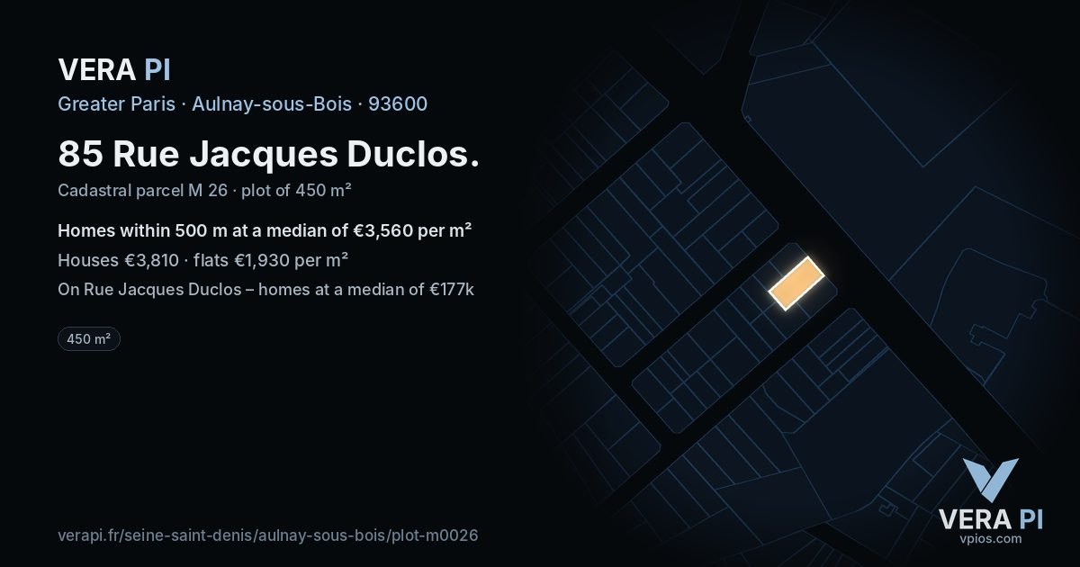 85 Rue Jacques Duclos, Aulnay-sous-Bois at night – the plot lit, the parcels around coloured by the prices near them