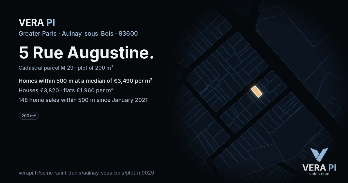 5 Rue Augustine, Aulnay-sous-Bois at night – the plot lit, the parcels around coloured by the prices near them