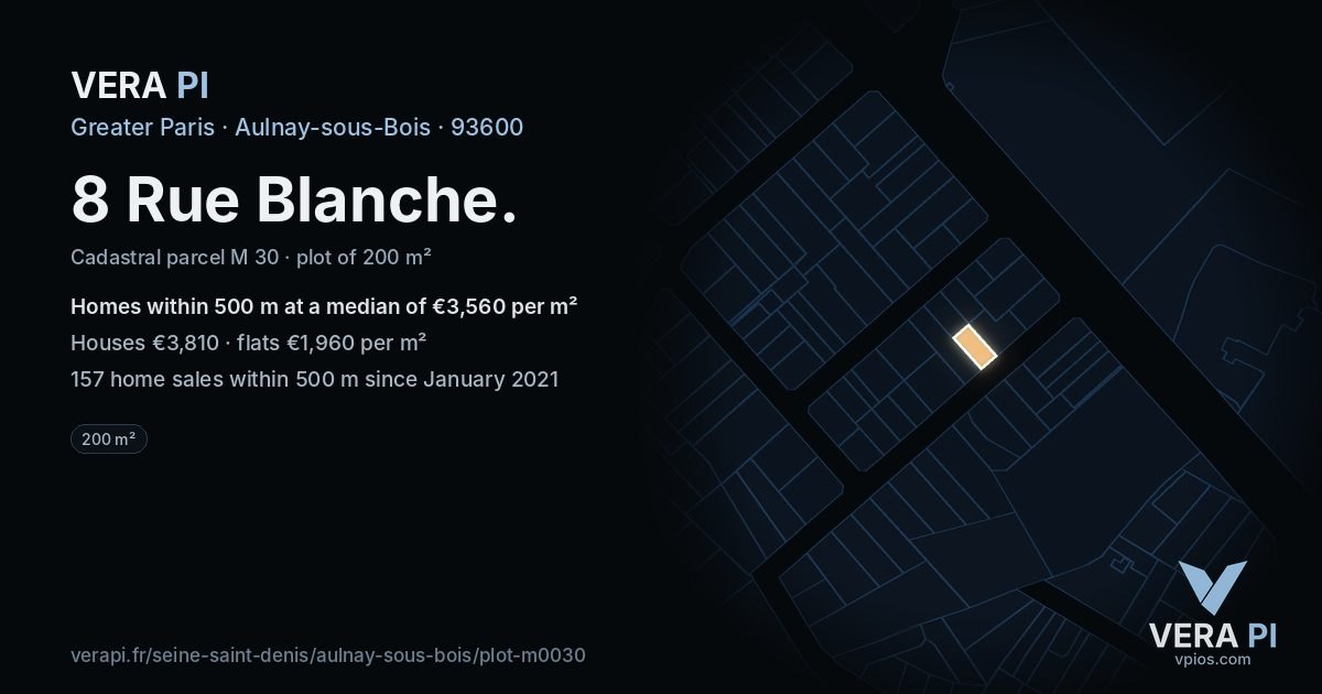 8 Rue Blanche, Aulnay-sous-Bois at night – the plot lit, the parcels around coloured by the prices near them