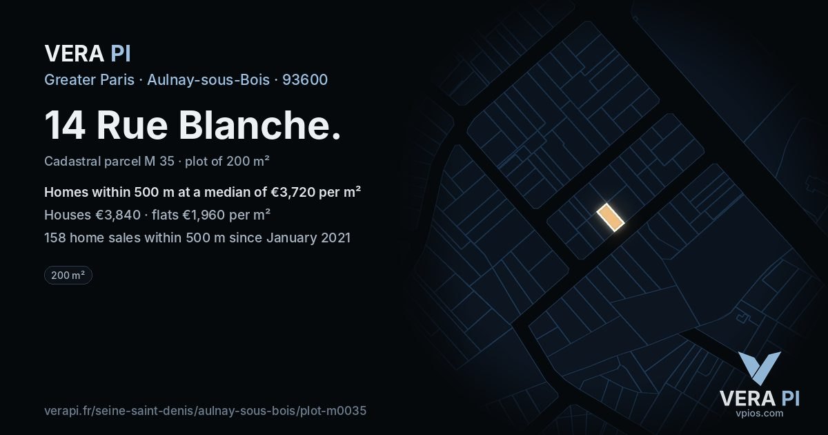 14 Rue Blanche, Aulnay-sous-Bois at night – the plot lit, the parcels around coloured by the prices near them