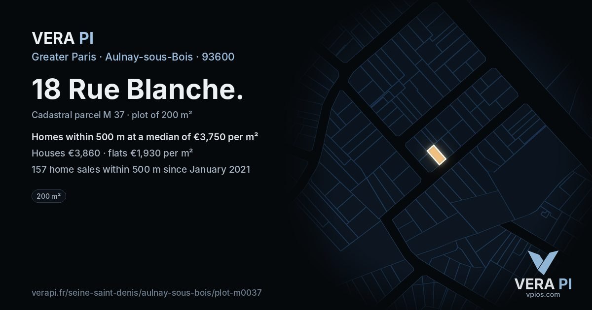 18 Rue Blanche, Aulnay-sous-Bois at night – the plot lit, the parcels around coloured by the prices near them