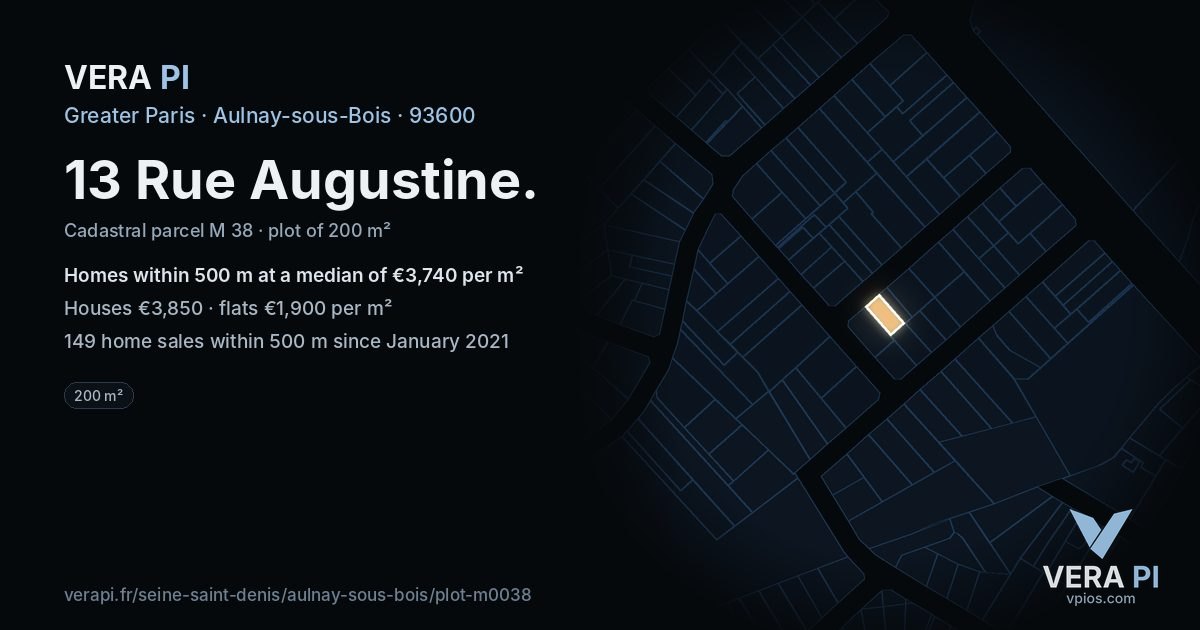 13 Rue Augustine, Aulnay-sous-Bois at night – the plot lit, the parcels around coloured by the prices near them