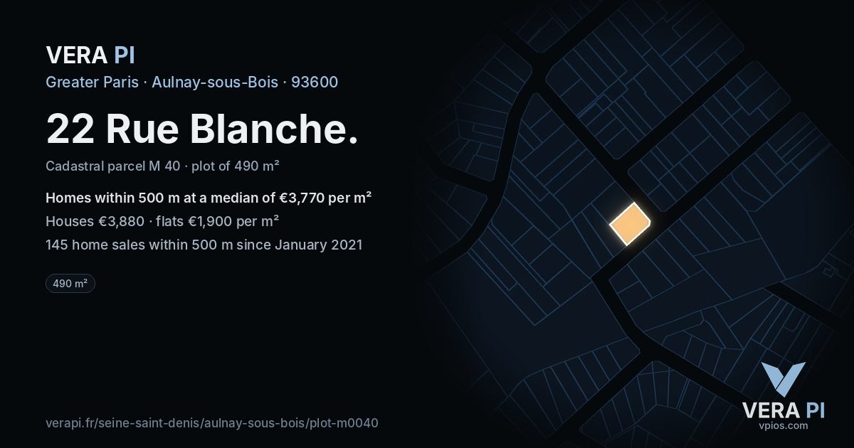 22 Rue Blanche, Aulnay-sous-Bois at night – the plot lit, the parcels around coloured by the prices near them