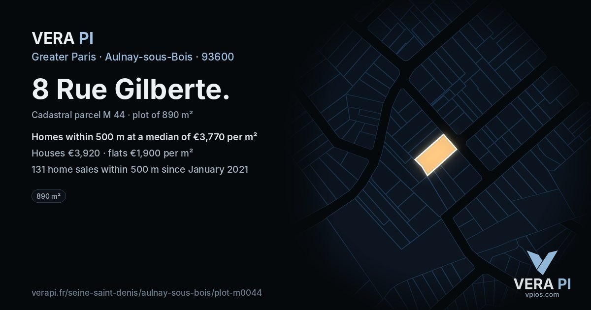 8 Rue Gilberte, Aulnay-sous-Bois at night – the plot lit, the parcels around coloured by the prices near them