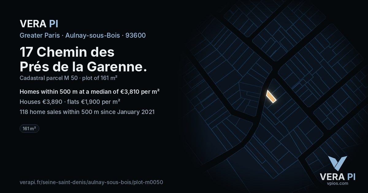 17 Chemin des Prés de la Garenne, Aulnay-sous-Bois at night – the plot lit, the parcels around coloured by the prices near them