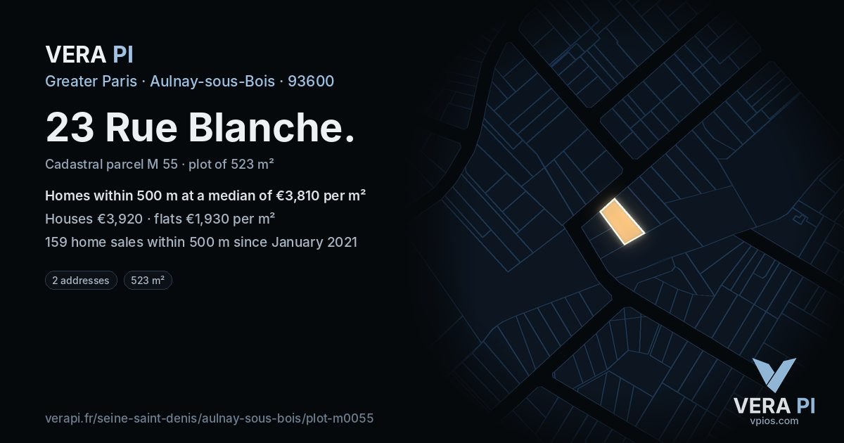 23 Rue Blanche, Aulnay-sous-Bois at night – the plot lit, the parcels around coloured by the prices near them