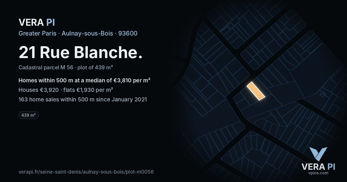 21 Rue Blanche, Aulnay-sous-Bois at night – the plot lit, the parcels around coloured by the prices near them