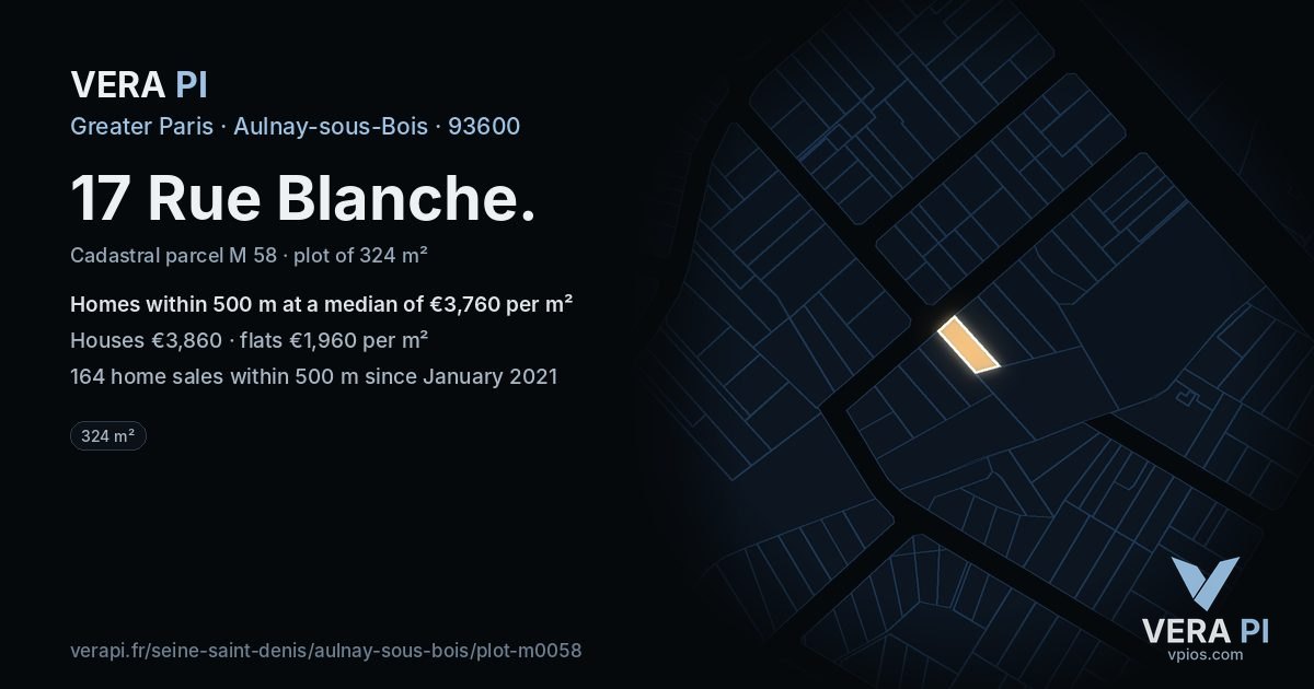 17 Rue Blanche, Aulnay-sous-Bois at night – the plot lit, the parcels around coloured by the prices near them