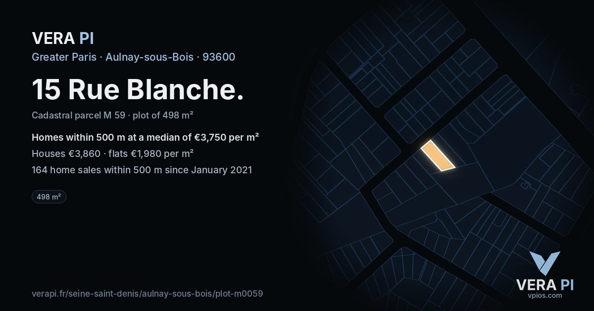 15 Rue Blanche, Aulnay-sous-Bois at night – the plot lit, the parcels around coloured by the prices near them
