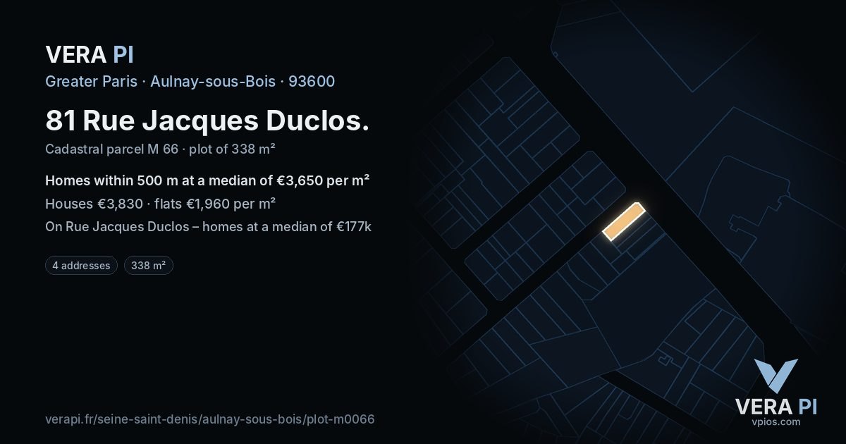 81 Rue Jacques Duclos, Aulnay-sous-Bois at night – the plot lit, the parcels around coloured by the prices near them