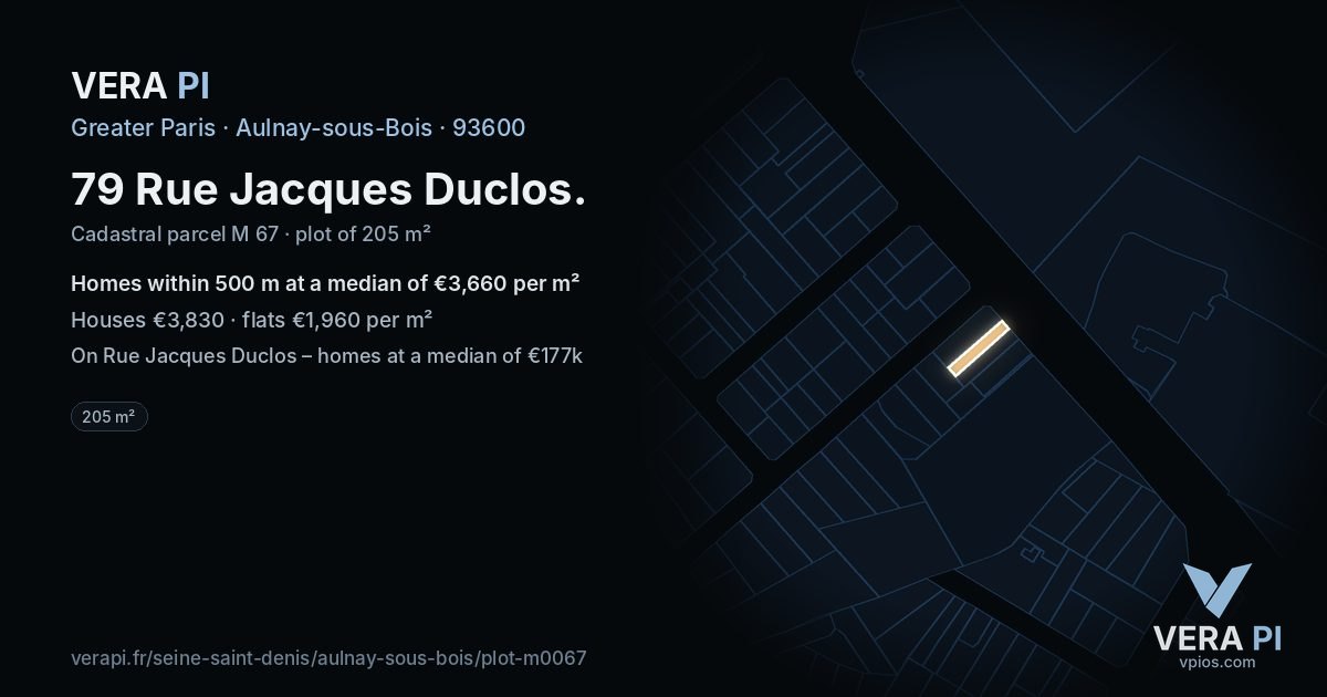 79 Rue Jacques Duclos, Aulnay-sous-Bois at night – the plot lit, the parcels around coloured by the prices near them