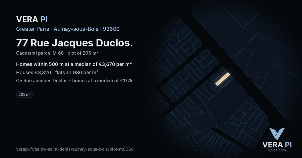 77 Rue Jacques Duclos, Aulnay-sous-Bois at night – the plot lit, the parcels around coloured by the prices near them