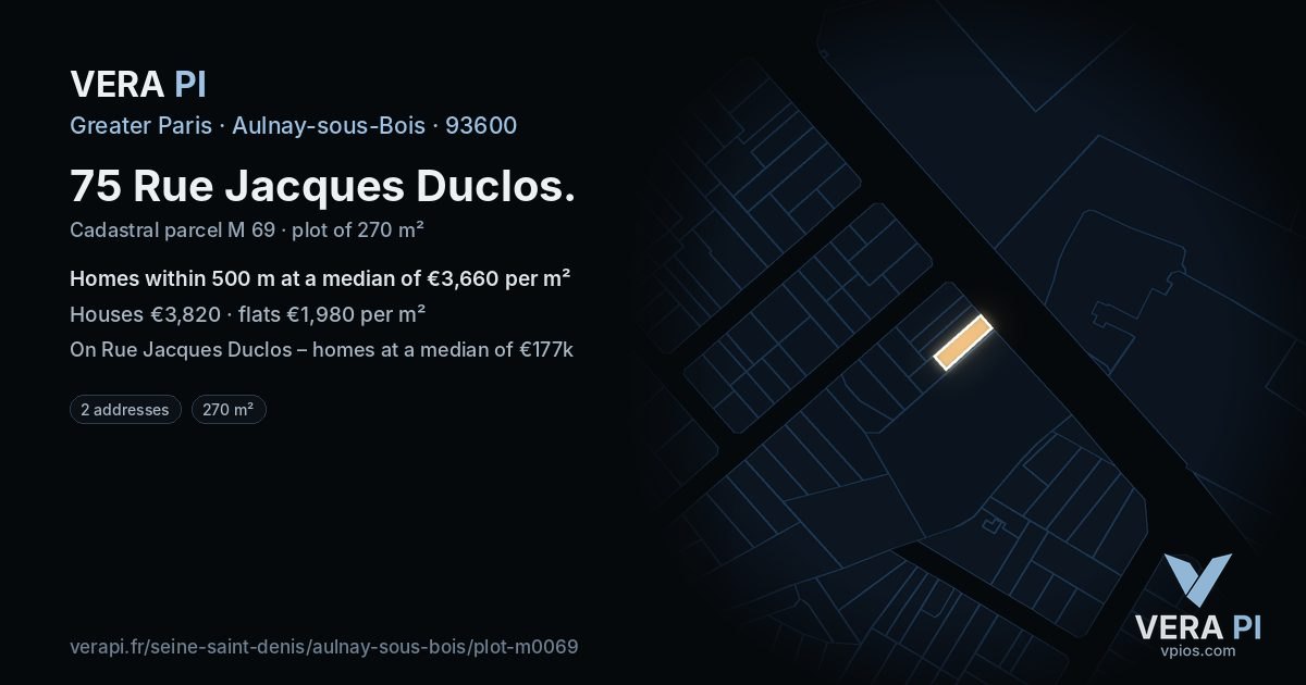 75 Rue Jacques Duclos, Aulnay-sous-Bois at night – the plot lit, the parcels around coloured by the prices near them