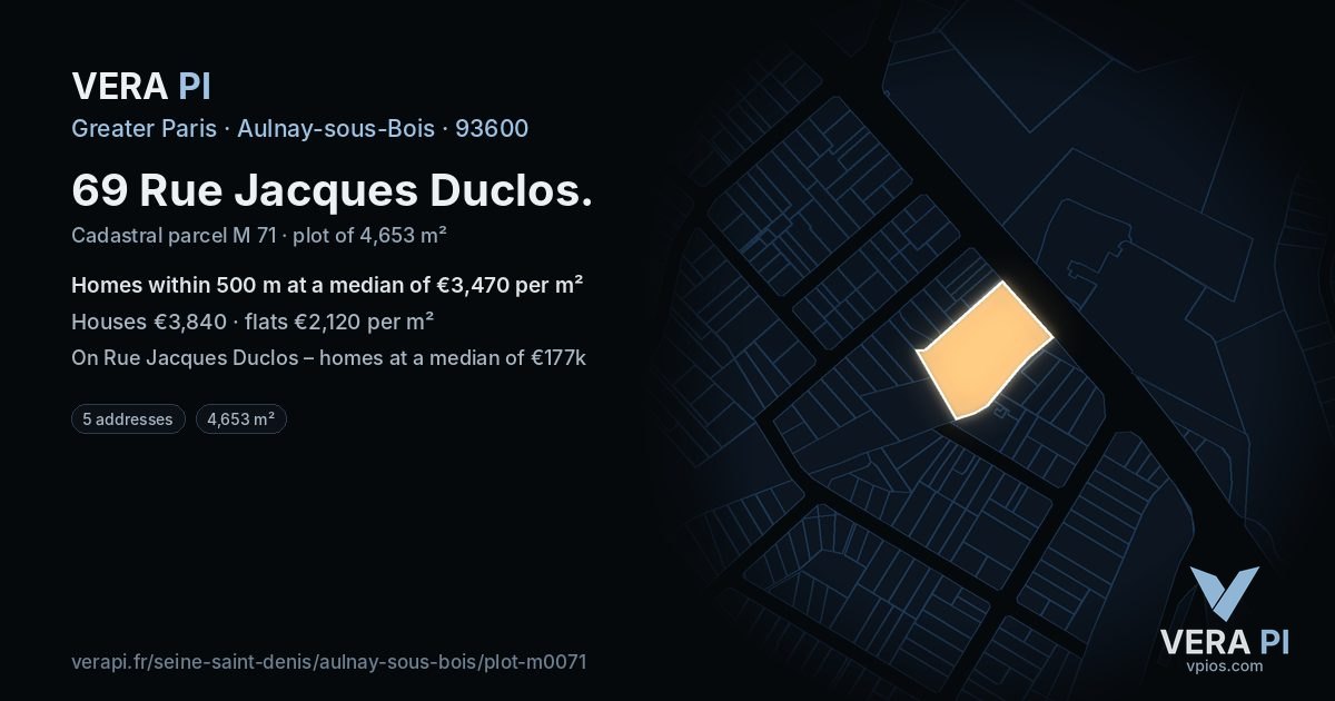 69 Rue Jacques Duclos, Aulnay-sous-Bois at night – the plot lit, the parcels around coloured by the prices near them